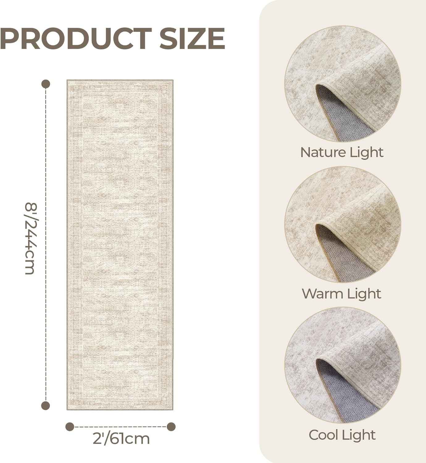 Rug Runners for Hallways Non Slip - 2x8 Runner Rug for Bedroom, Washable Runner with Rubber Backing, Soft Low-Pile Carpet for Kitchen, Laundry, Bathroom (2'x8', Beige/Ivory)