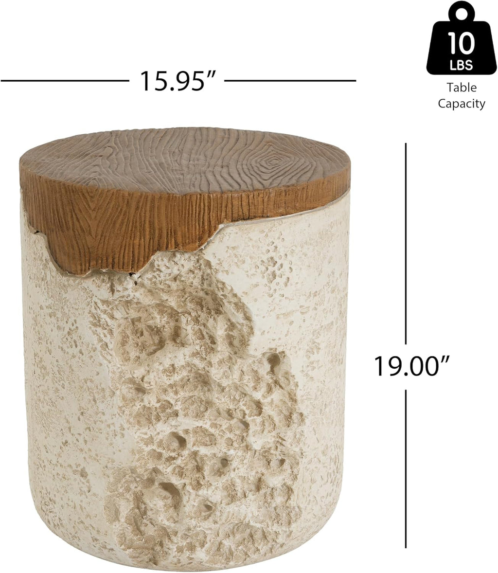 Elsie Outdoor Patio MGO Round Side Table, Rustic Accent End Table with Wood Grain Top and Textured Beige Base, Organic Modern Stand for Balcony Living Room Bedroom Garden