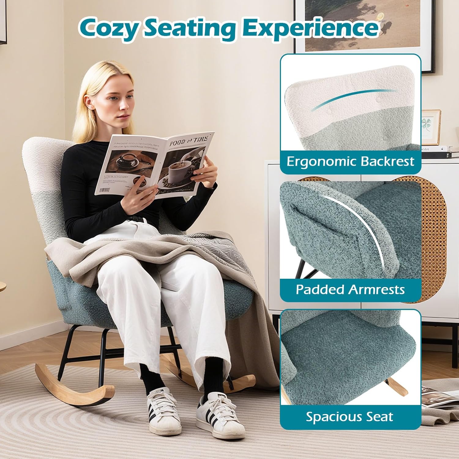 Giantex Rocking Chair Nursery, Boucle Upholstered Glider Rocker w/Ergonomic High Backrest, Rubber Wood Legs & Side Pocket, Striped Modern Accent Chair for Bedroom, Living Room, Offices