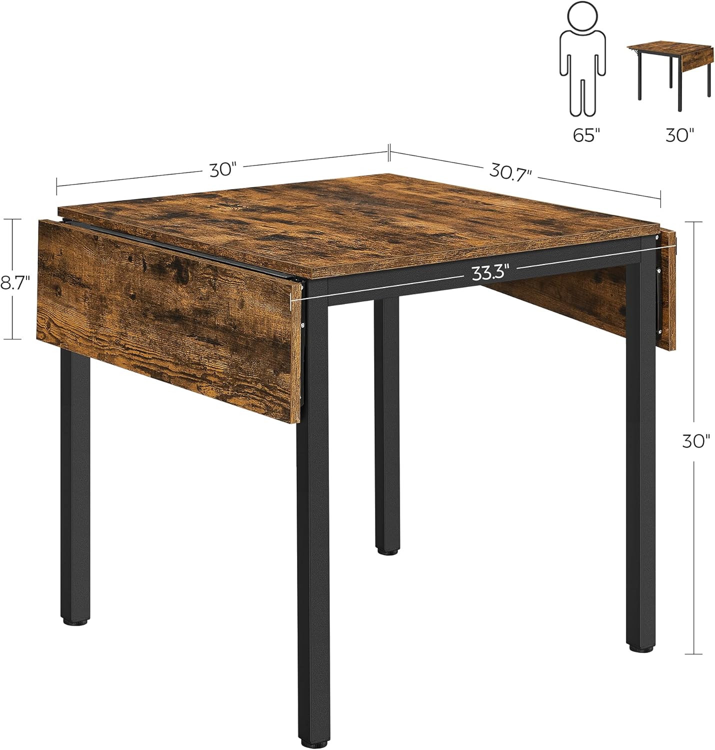 VASAGLE Extendable Dining Set, Dining Table with 2 Chairs, for Kitchen, 33.3-47.3 Inches Wide, Steel Frame, Rustic Brown and Ink Black LDC092B01V1-03