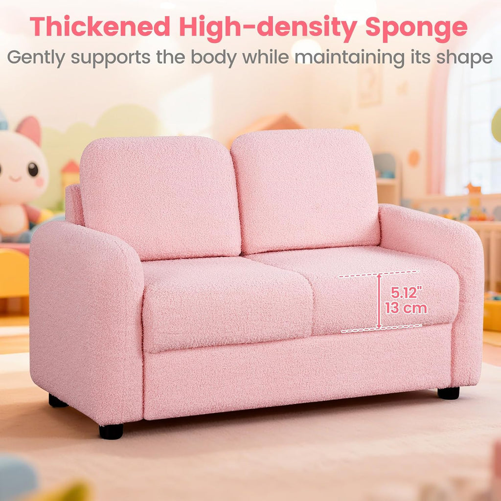 INFANS Kids Sofa, 2 Seat Soft Thick Upholstered Couch with Plush Fabric Solid Wooden Frame, Armrest Chair Lounge for Playroom Kids Boys Girls