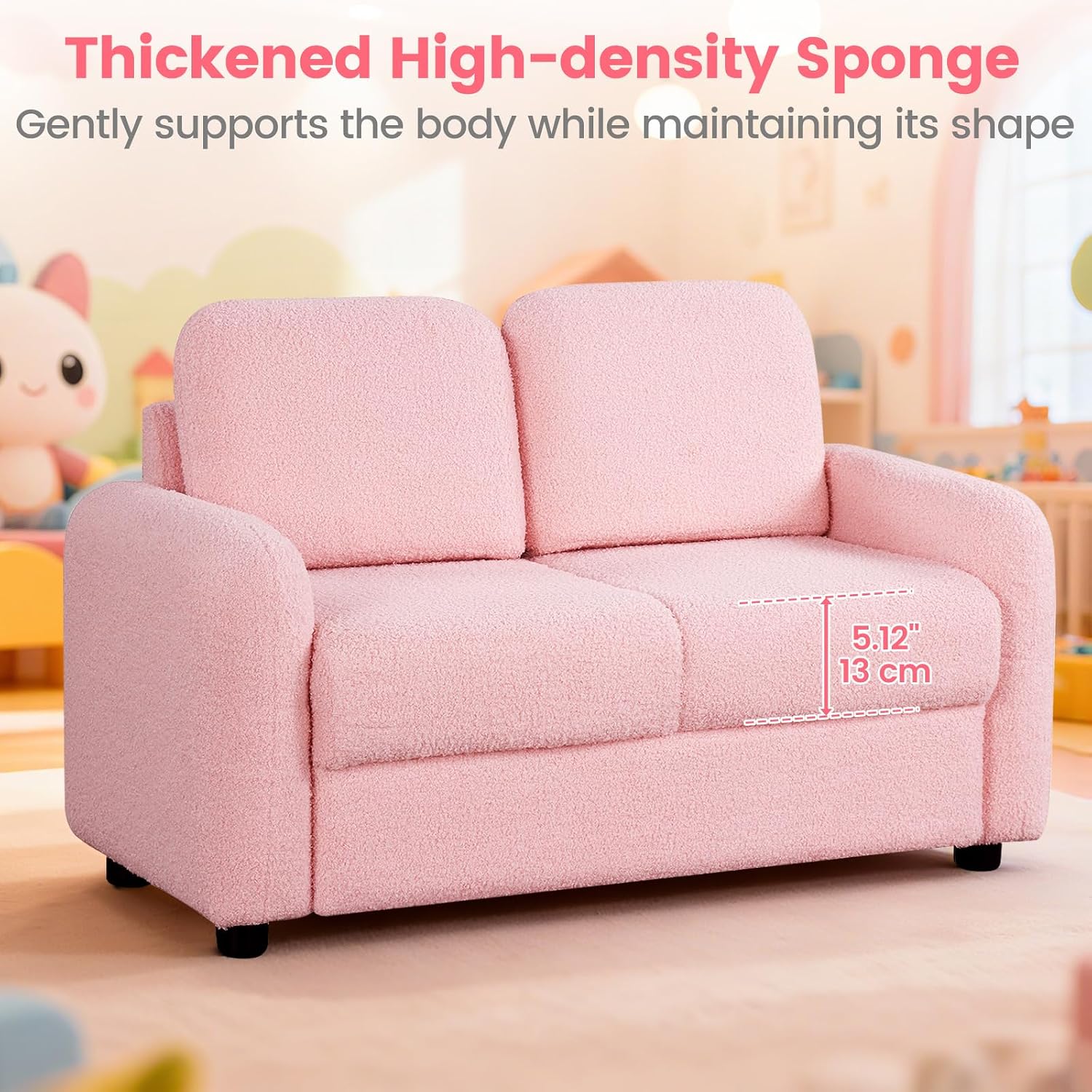 INFANS Kids Sofa, 2 Seat Soft Thick Upholstered Couch with Plush Fabric Solid Wooden Frame, Armrest Chair Lounge for Playroom Kids Boys Girls
