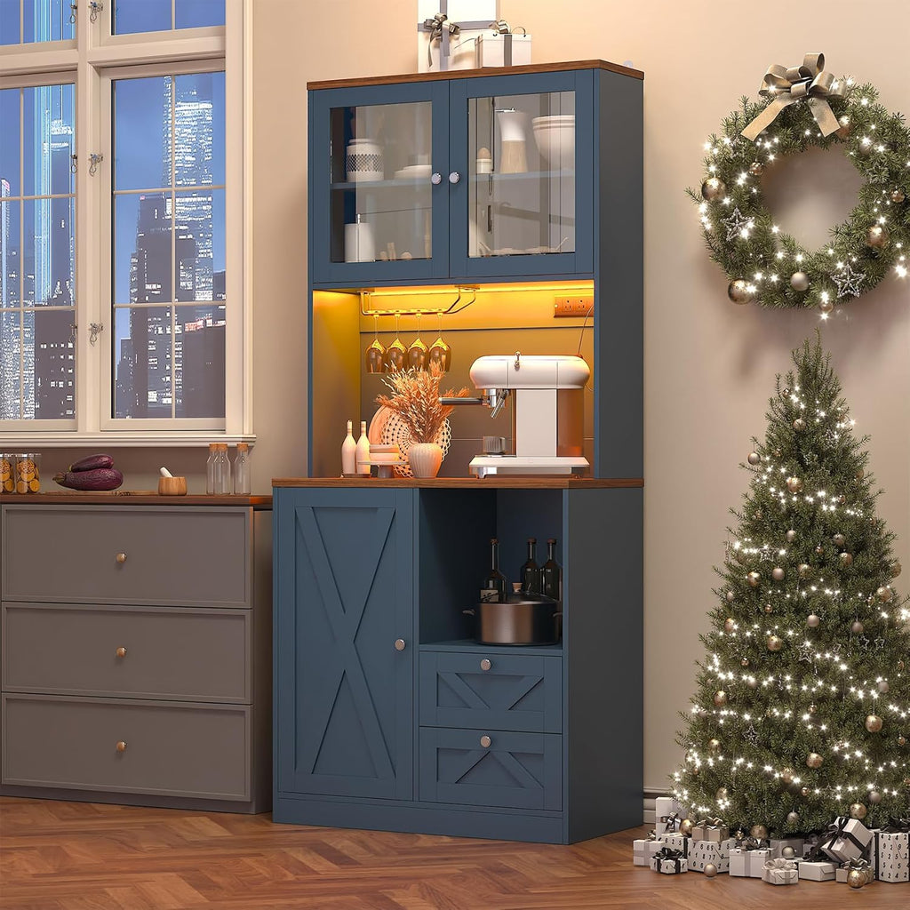 71" Tall Coffee Bar Cabinet with Storage Hutch, Farmhouse Kitchen Pantry Cabinet with LED Lights Microwave Stand and Glass Holder for Home Dining Room Kitchen (Blue)