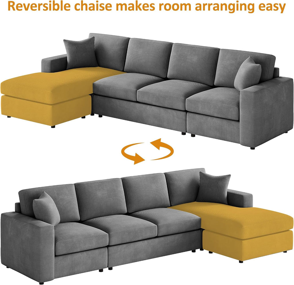 VANOMi 119" L-Shaped Sectional Sofa with Reversible Chaise, Modern Corduroy Couch with Deep Seats, 4-Seater Upholstered Sofa for Living Room or Apartment, Dark Grey