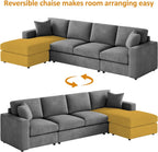 VANOMi 119" L-Shaped Sectional Sofa with Reversible Chaise, Modern Corduroy Couch with Deep Seats, 4-Seater Upholstered Sofa for Living Room or Apartment, Dark Grey