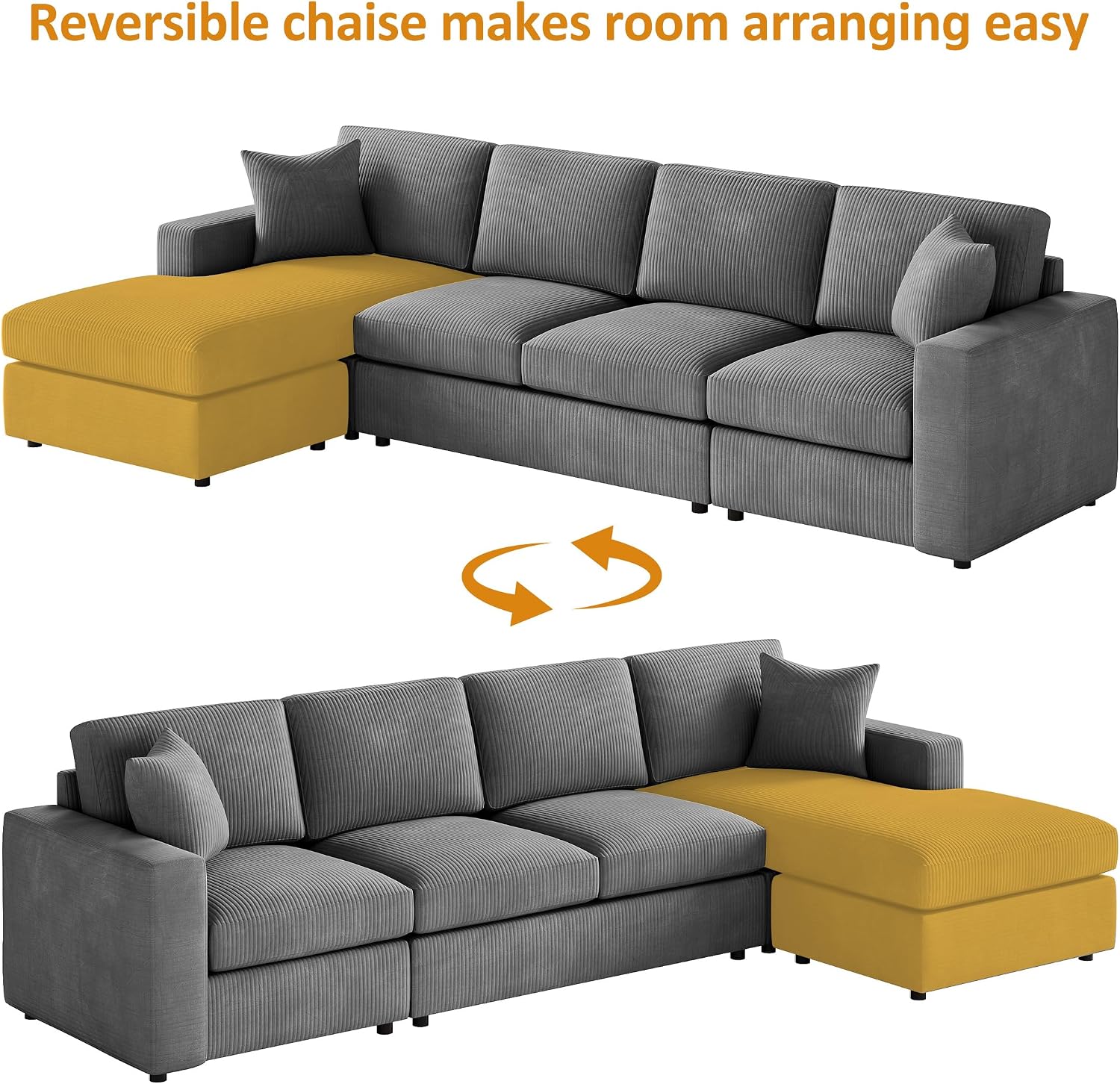 VANOMi 119" L-Shaped Sectional Sofa with Reversible Chaise, Modern Corduroy Couch with Deep Seats, 4-Seater Upholstered Sofa for Living Room or Apartment, Dark Grey