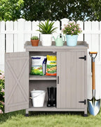 Outdoor Storage Cabinet with Metal Work Top|Waterproof Wooden Potting Bench|Spacious Patio Cabinet with Raised Side Rail for Garden Tools, Backyard,Lawn Gardening|Gray Outdoor Cabinet