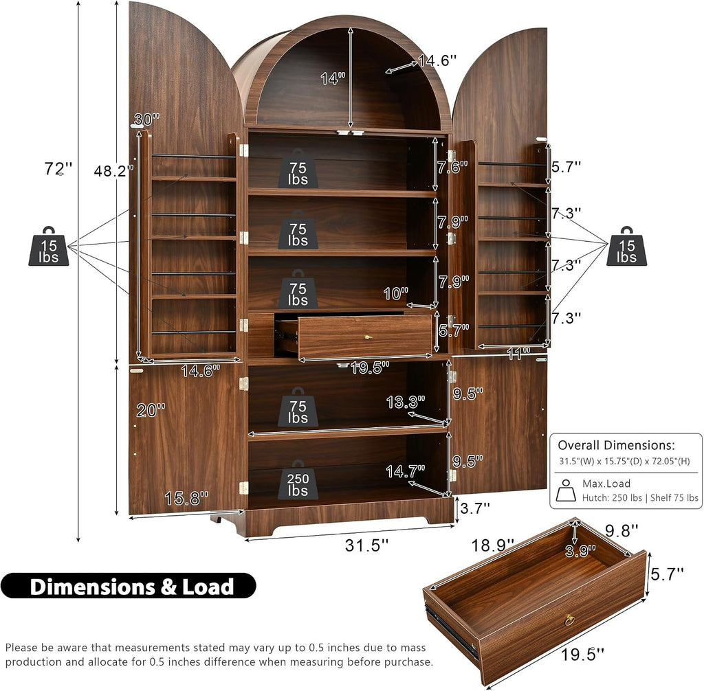 72" Tall Arched Kitchen Pantry Cabinet with 3 Adjustable Shelves, Fluted Storage Cabinet with Hidden Drawer and 8 Door Shelves for Kitchen, Dining and Bathroom (Brown)
