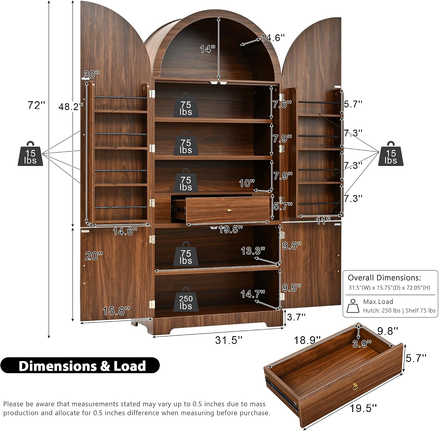 72" Tall Arched Kitchen Pantry Cabinet with Fluted Doors & 8 Shelves, Brown | Storage Cabinet with 3 Adjustable Shelves & Hidden Drawer, Versatile for Kitchen, Dining Room, Bathroom, Office