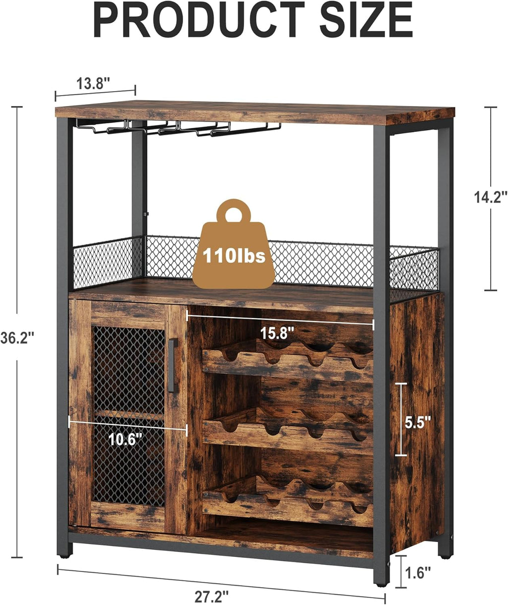 IDEALHOUSE Wine Bar Rack Cabinet with LED Light, Adjustable Shelves Coffee Bar Cabinet with Mesh Door and Baffle Design, 36″ Tall Small Liquor Bar Cabinet for Home, Kitchen, Dinning Room, Rustic Brown