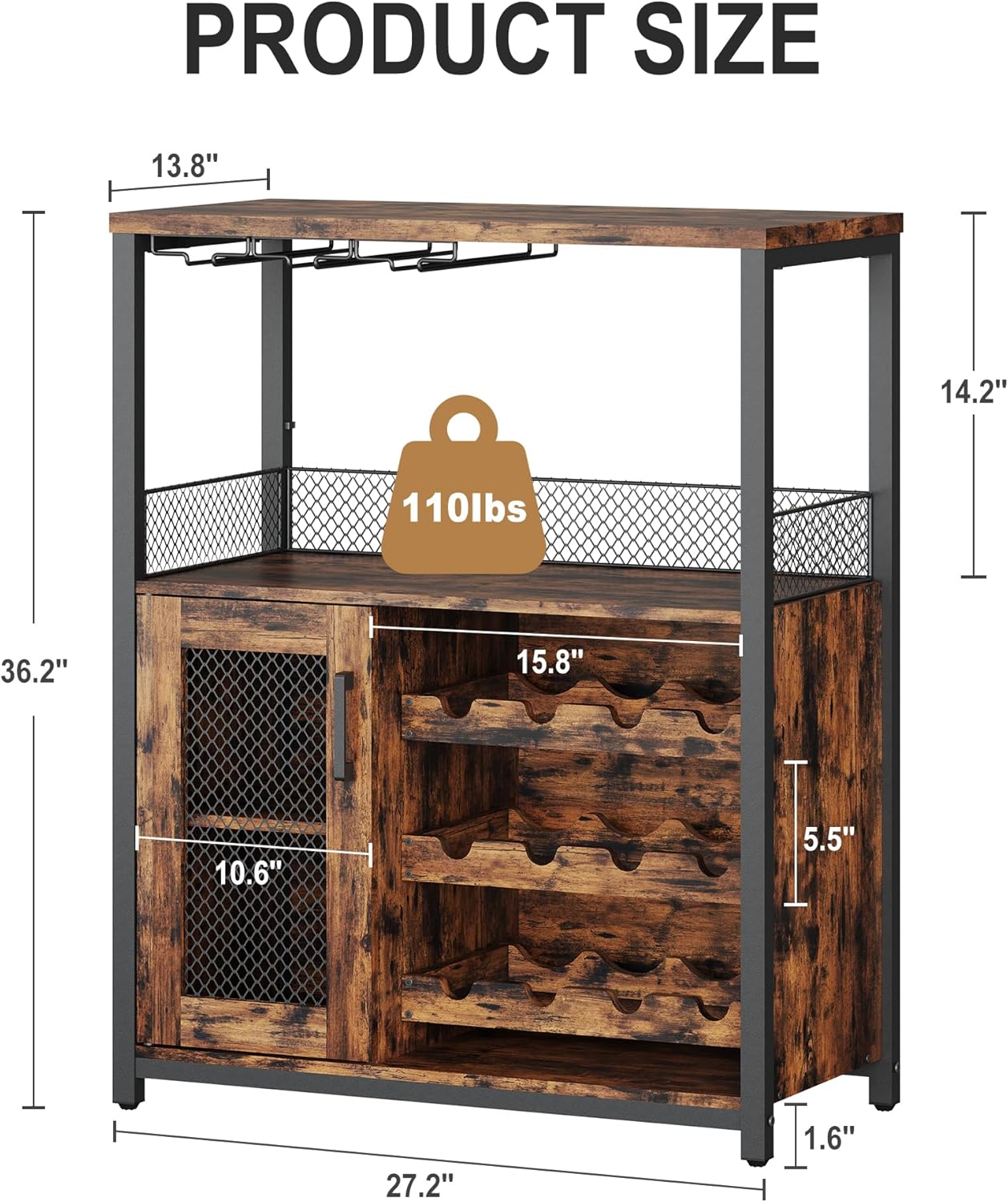 IDEALHOUSE Wine Bar Rack Cabinet with LED Light, Adjustable Shelves Coffee Bar Cabinet with Mesh Door and Baffle Design, 36″ Tall Small Liquor Bar Cabinet for Home, Kitchen, Dinning Room, Rustic Brown