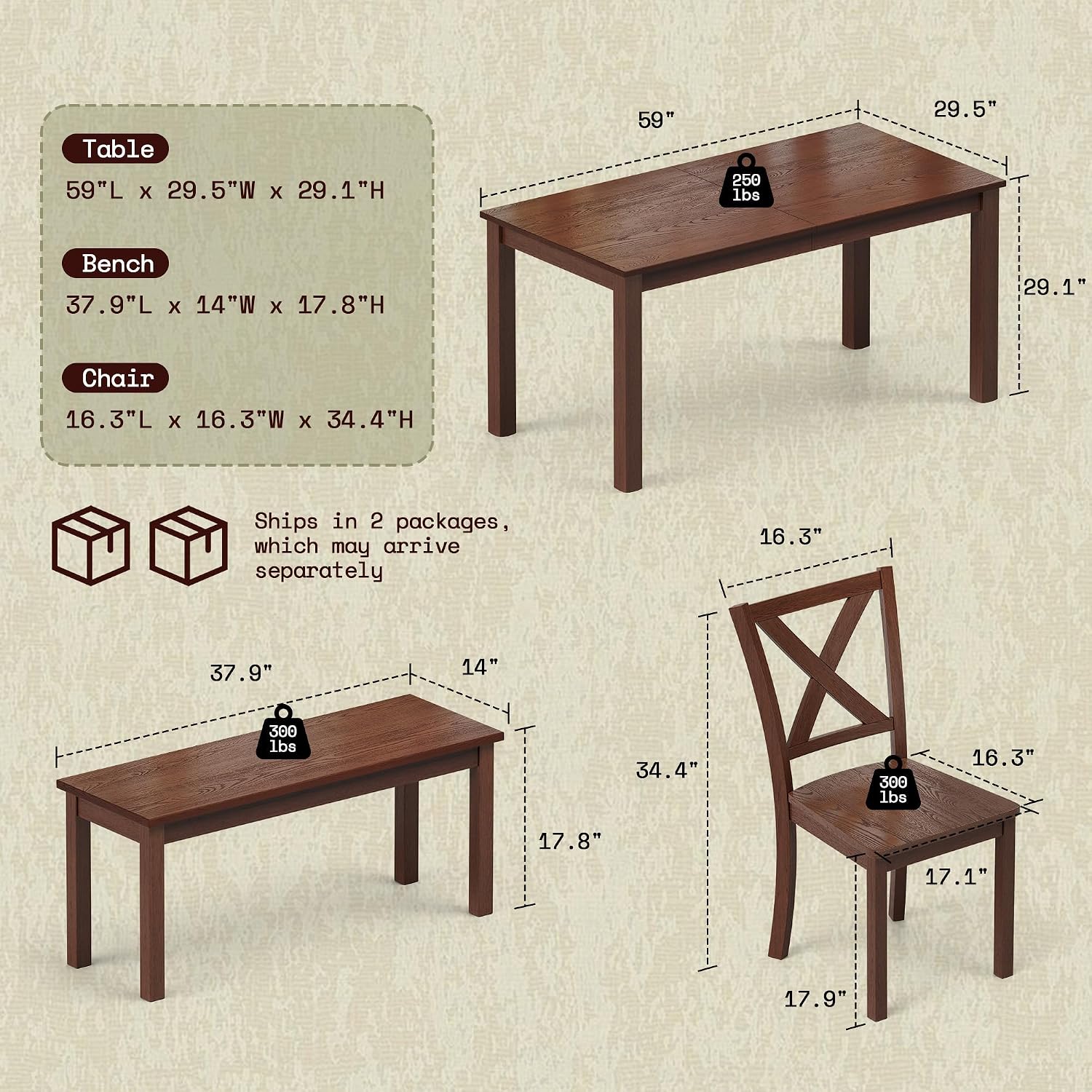 AMERLIFE 6-Piece Farmhouse Dining Table Set, 59" Wooden Kitchen Table with 4 Chairs and Bench, Space-Saving Rustic Dining Room Set for 6, Walnut