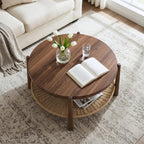Round Coffee Table with Woven Storage Shelf, Mid-Century Modern 2-Tier Wood Center Table, Boho Coastal Circle Coffee Table for Living Room Office, Walnut Brown