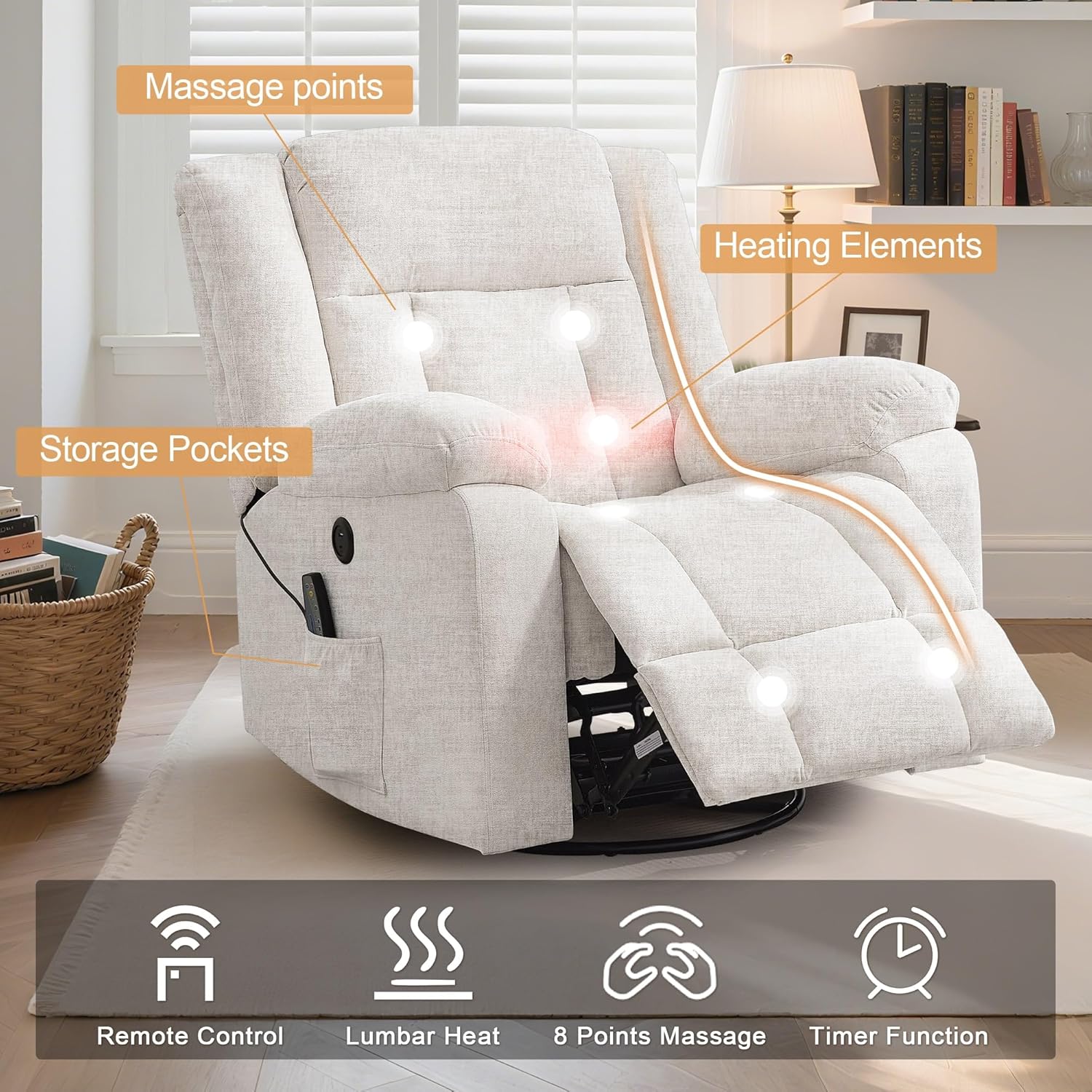 Korser Rocker Recliner, Glider Recliner Chairs for Adults, 360° Swivel Rocking Chair with Massage and Heating, Nursery Chair with Storage and USB Charging, Ivory White, Swivel Rocker Recliner