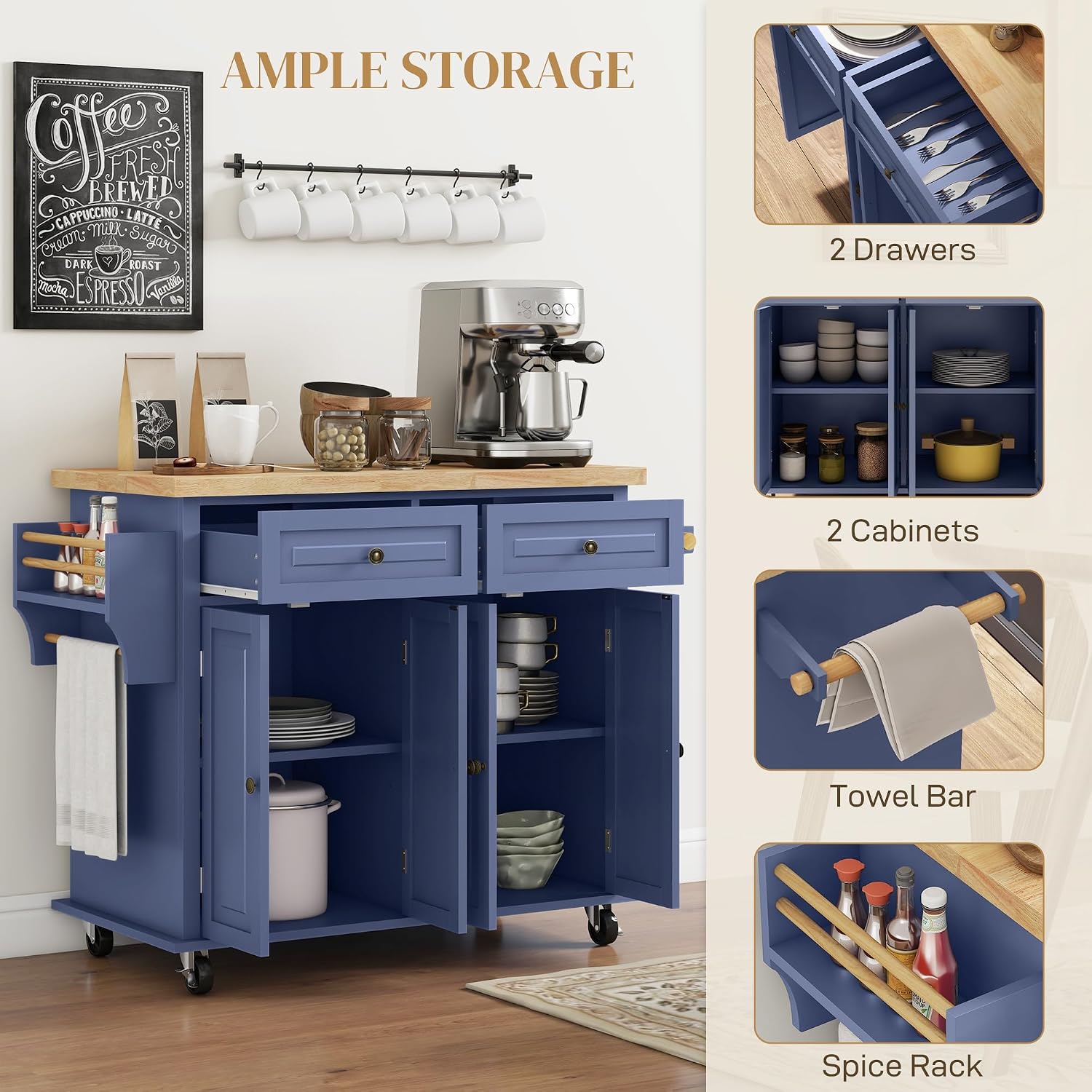 HOMCOM Kitchen Island Cart with Solid Wood Top, 44" Mobile Kitchen Island Table on Wheels with Storage Cabinets, 2 Drawers, Adjustable Shelves, Spice Rack & Towel Bar for Dining Room, Navy Blue