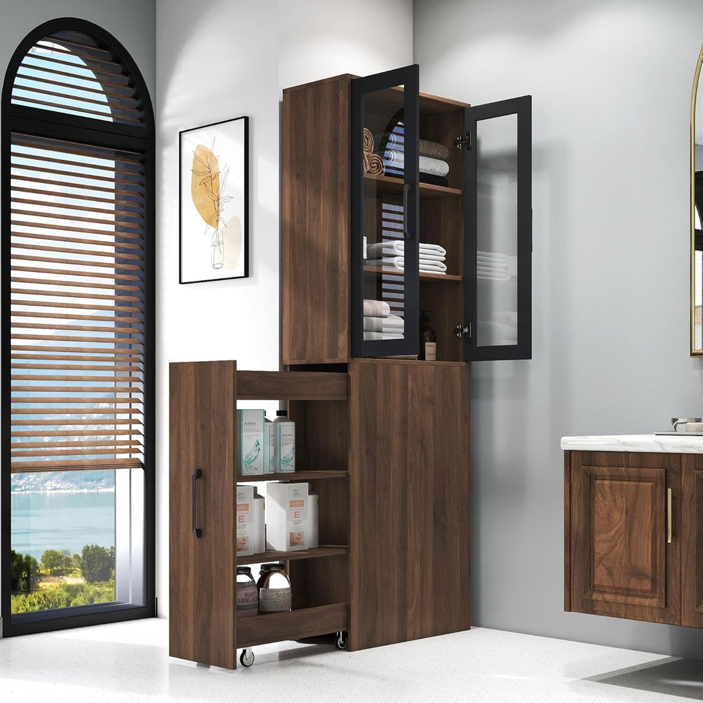 Ultra-Slim 70.87" H Display Storage Cabinet w/ 4-Tier Pull-Out Multi-Functional Shelves & 2 Glass Doors – Modern Wooden Kitchen Pantry Cabinet for Living/Dining/Kitchen – Space-Saving Design (Walnut)