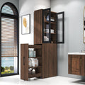 LUMISOL Tall Kitchen Pantry Cabinet with 4 Tier Pull-Out Storage Shelf, Kitchen Hutch Wooden Tall Bookshelf with 2 Glass Doors, Modern Display Storage Cabinet for Living Room Dining Room, Walnut