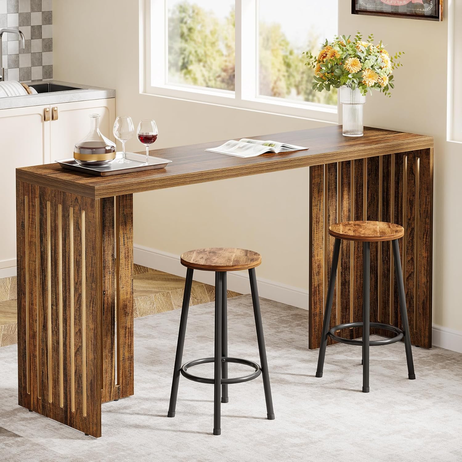 Tribesigns Bar Table, 63-Inch Counter Height Pub Table, Industrial Bar Height Table, Rectangular High Top Kitchen & Dining Counter Tables with Louvered Base for Narrow Space, Rustic Brown