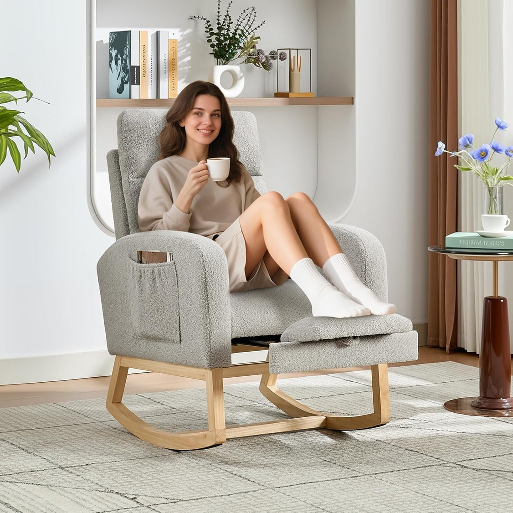 Modern Nursery Rocking Chair with Footrest,Teddy Upholstered Rocking Chair Comfortable Rocker Recliner with Side Pocket,Rocker Glider for Nursery,Grey