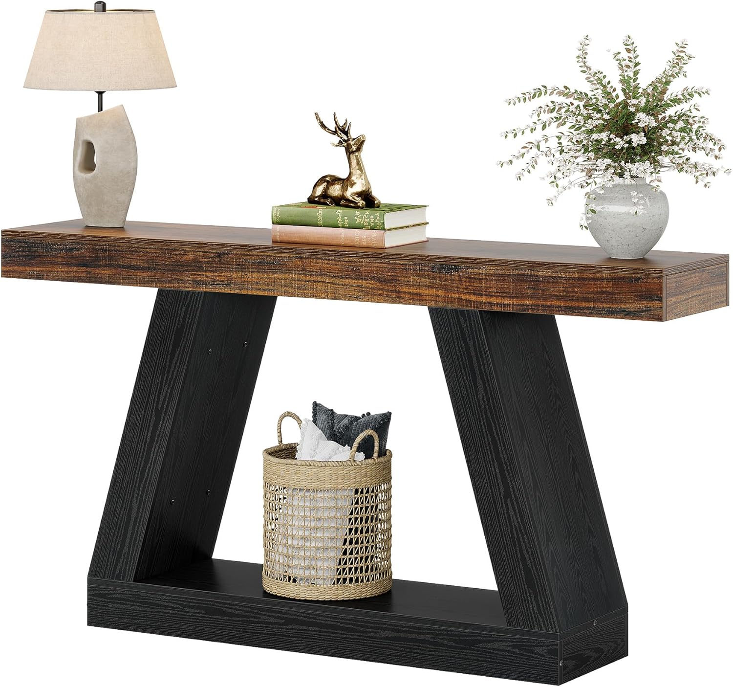 Tribesigns Farmhouse Console Table, 55-Inch Rustic Sofa Table with Storage, Industrial Wooden Entryway Table for Hallway, Living Room, Black & Brown
