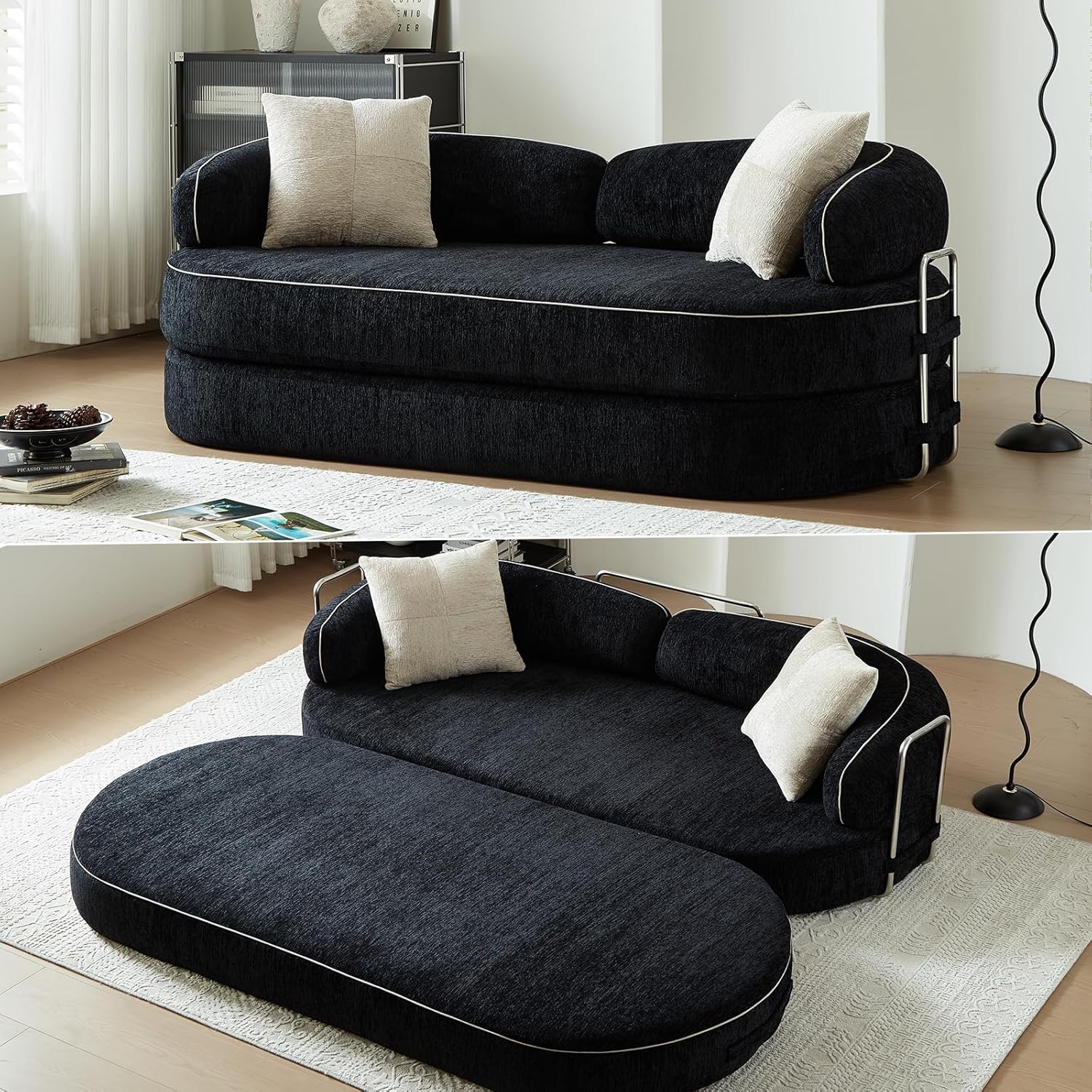 78" Convertible Sofa Couch Bed, 4-in-1 Modular Foldable Sleeper Couch No Assembly - Corduroy Futon Memory Foam Couch with Washable Covers & 2 Pillows, Compressed Boneless Couch for Living Room, Black