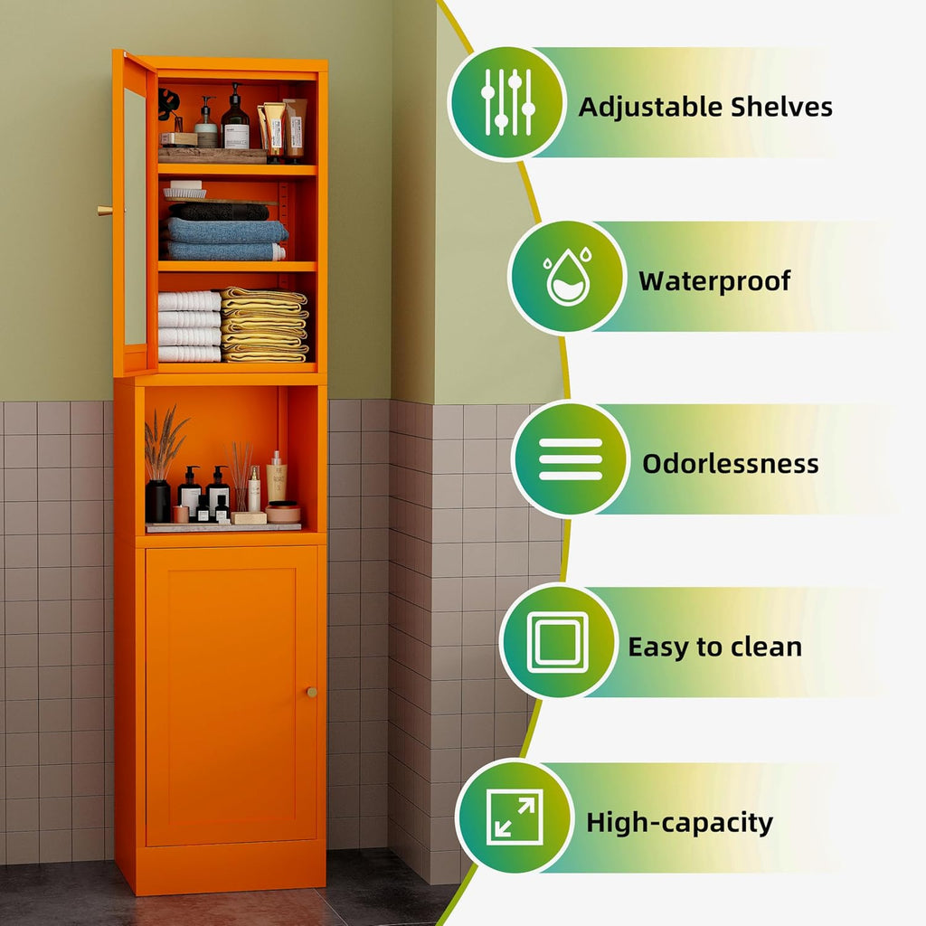 67" Tall Metal Pantry Cabinet with Microwave Stand,Microwave Storage Cabinet with 2 Doors & 3 Adjustable Shelves for Kitchen (2 Glass Doors-Orange, 11.81" D x 15.75" W x 66.93" H)
