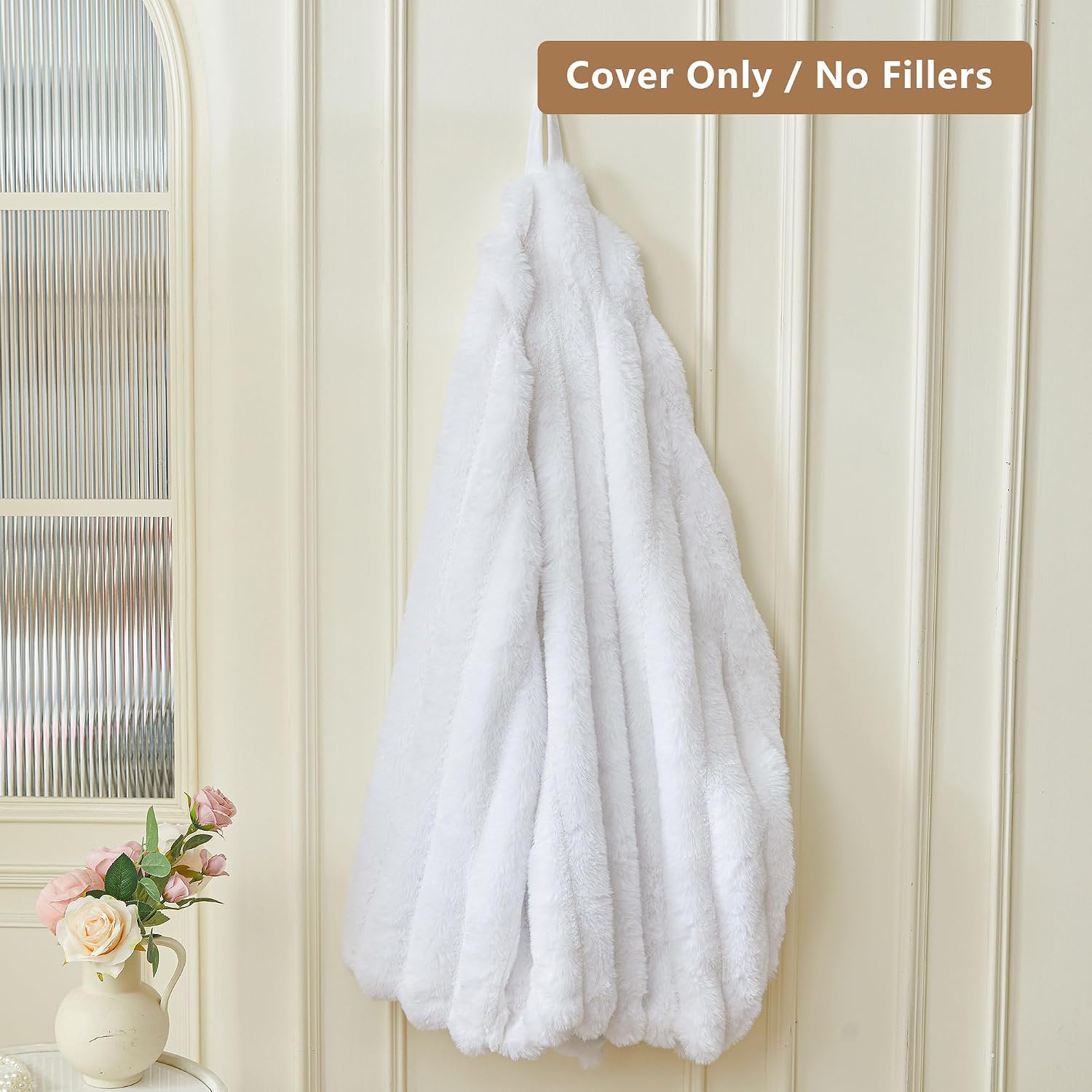 MEGO Fluffy Faux Rabbit Fur Bean Bag Chair Cover(No Filler), Soft Plush Fuzzy Striped Stuffed Animal Storage Bean Bag, 3FT Large Furry Ribbed Beanbag Cover for Bedroom Living Room, Anti-Slip, White