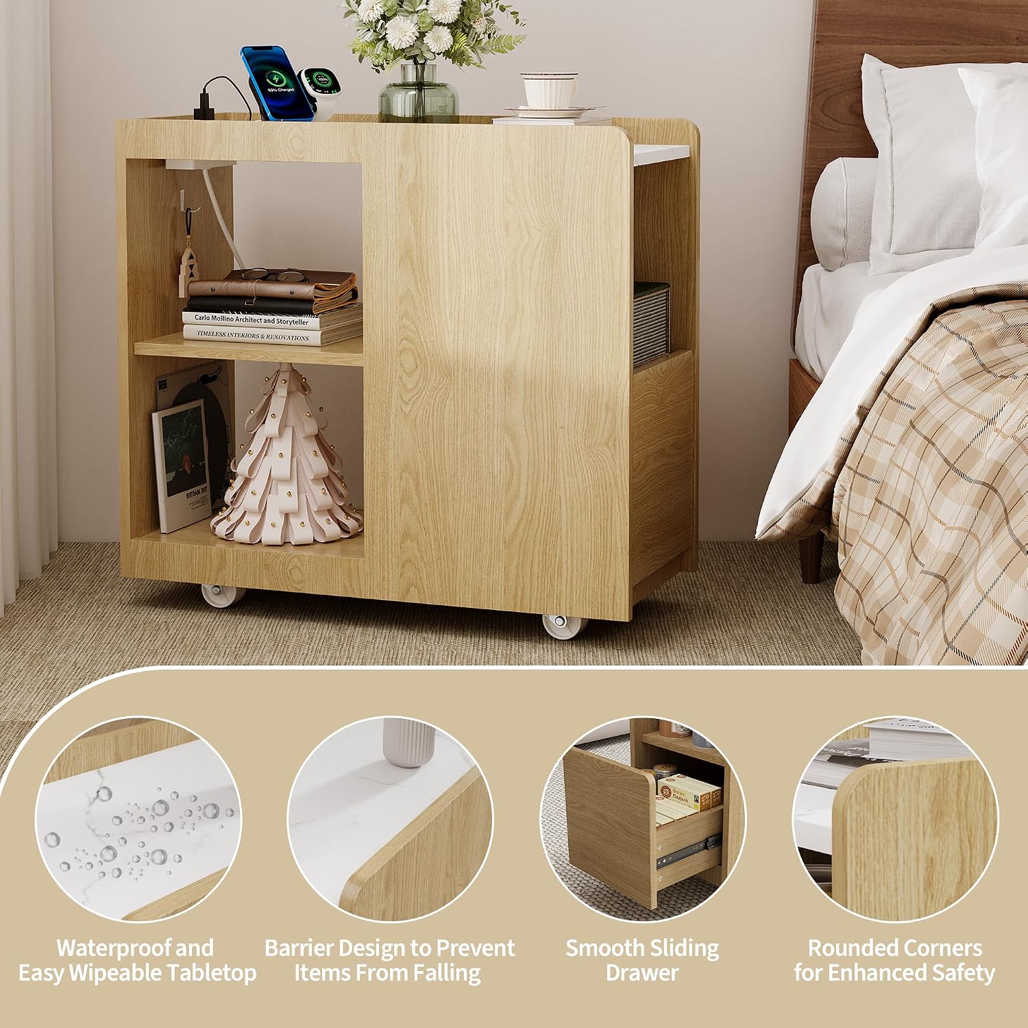 End Table with Charging Station, Mobile Side Table with Drawer, 3-Level Adjustable Shelf, 2 AC Outlets, Lockable Wheels, Nightstand for Living Room, Bed Room, Kitchen