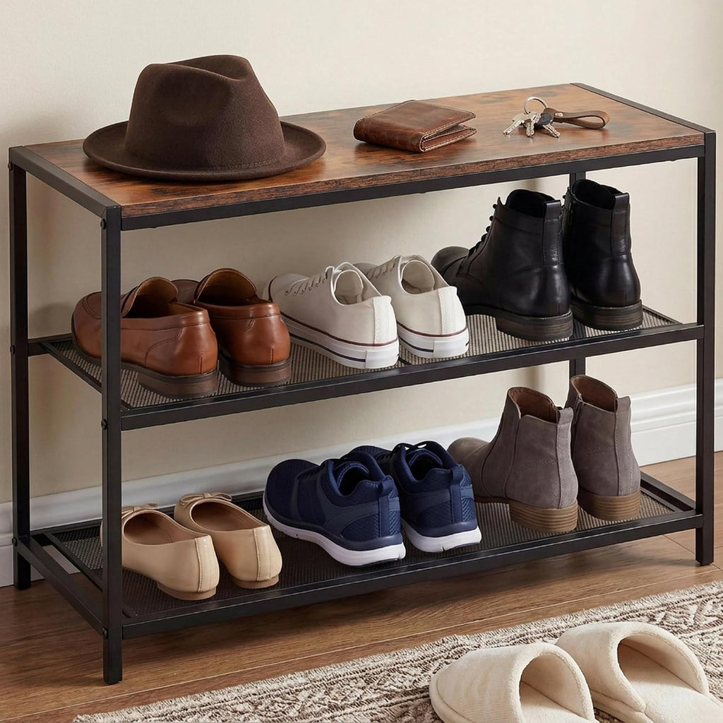 DUMOS 3-Tier Shoe Bench with Storage, Industrial Entryway Sturdy Shoe Rack Organizer Bench with Mesh Shelves for Entryway, Hallway & Living Room, Easy Assembly, Brown and Black
