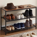 DUMOS 3-Tier Shoe Bench with Storage, Industrial Entryway Sturdy Shoe Rack Organizer Bench with Mesh Shelves for Entryway, Hallway & Living Room, Easy Assembly, Brown and Black
