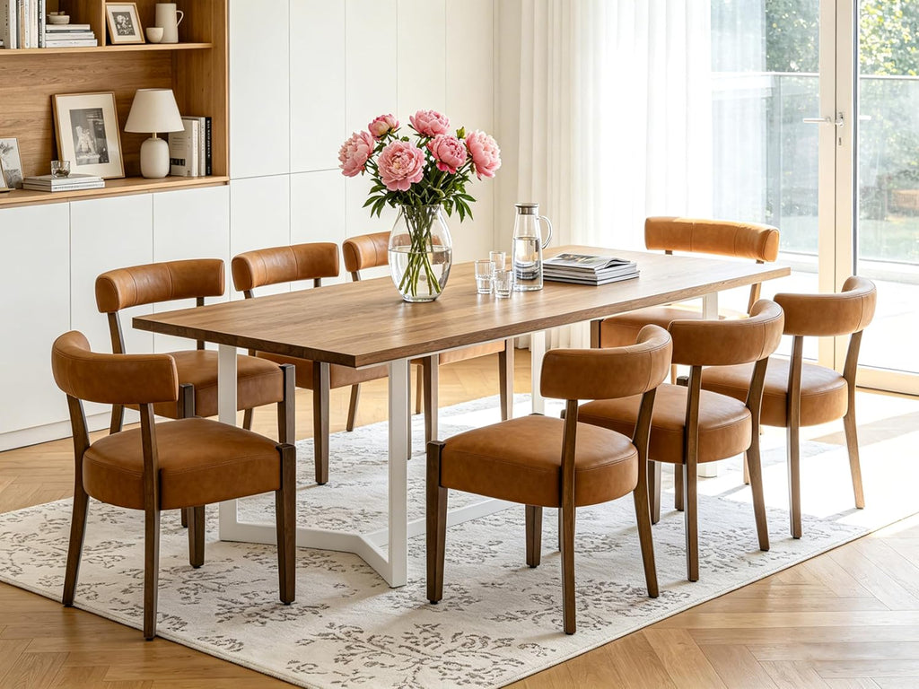RNKSFX Modern Dining Chairs Set of 4, Faux Leather Upholstered Kitchen & Dining Room Chairs, Mid Century Modern Wooden Dining Chairs Oversized Sturdy Rounded Chairs Curved Back, Brown