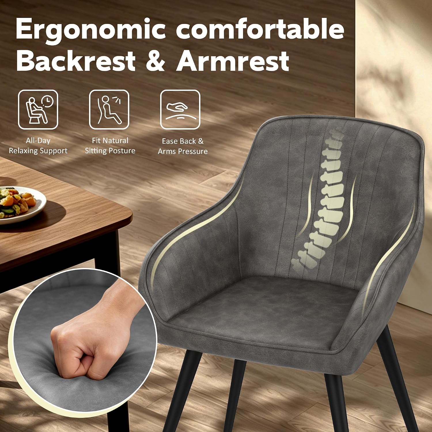 Awonde Faux Leather Dining Chairs with Arms Set of 2, Mid Century Modern Upholstered Accent Arm Chairs with Metal Legs, Side Chairs for Living Room Bedroom Dining Office Apartment, Grey