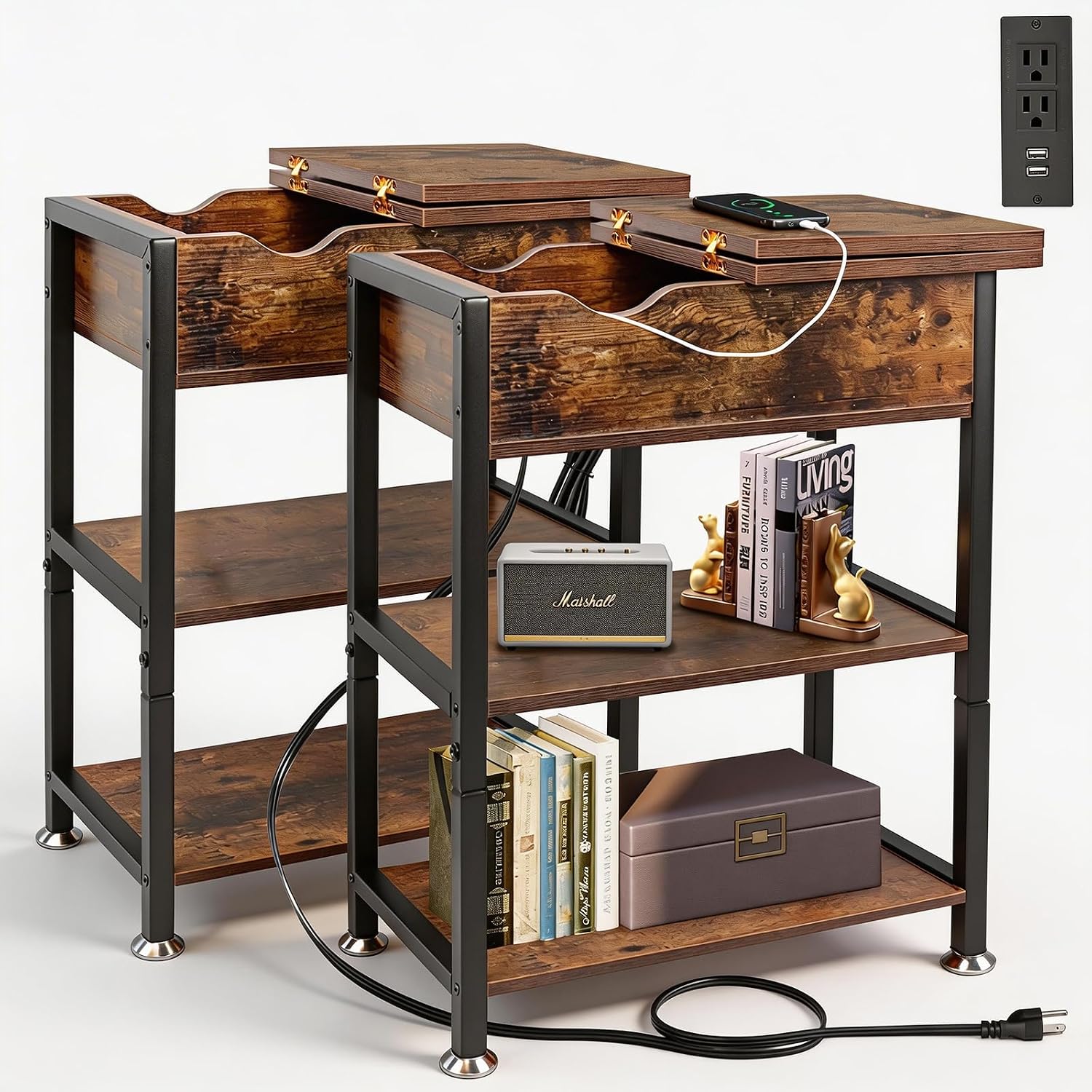 TooCust Flip Top End Table with Charging Station Set of 2, 12" D×21" W×26" H Small Side Tables with Storage & Shelves, Compact Side Table for Small Spaces, End Tables Living Room Set of 2, Brown