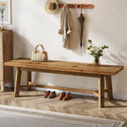 55" Solid Wood Bench, Farmhouse Long Bench Seat for Entryway, Dining Room, Living Room, Solid Wood, Rustic Brown