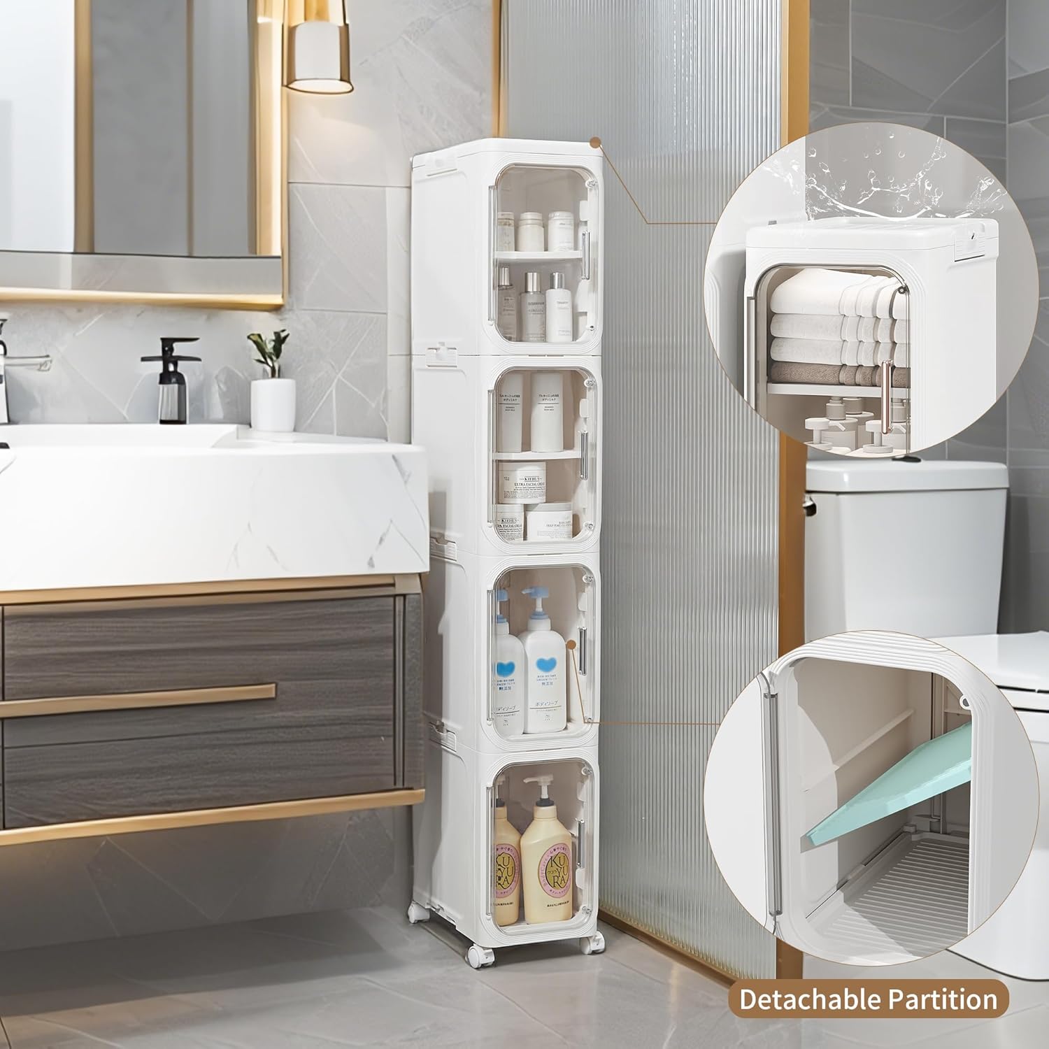 LXLXXL Narrow Storage Cabinet Slim Bathroom Storage Cabinet with Movable Wheels Tall Bathroom Organizer Skinny Cabinet for Small Spaces，2-Tier White