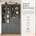 Merax Wood Kitchen Pantry with 4 Drawers, 3 Cabinets and Hutch, Tall Cupboard Dining Storage Cabinet with Door Shelves and Pull-Out Trays for Living Room, Kitchen, Dining Room Gray