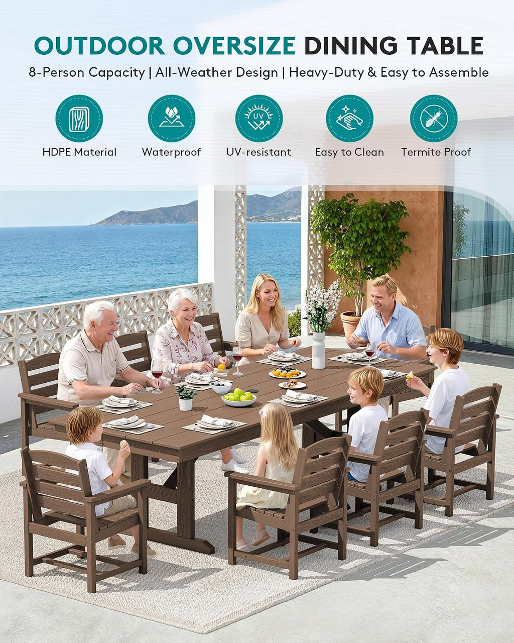 SERWALL Outdoor 84" HDPE Dining Table with Umbrella Hole for 6-8, Brown | 9-piece HDPE 84" dining table, Ideal for Outdoor Gathering
