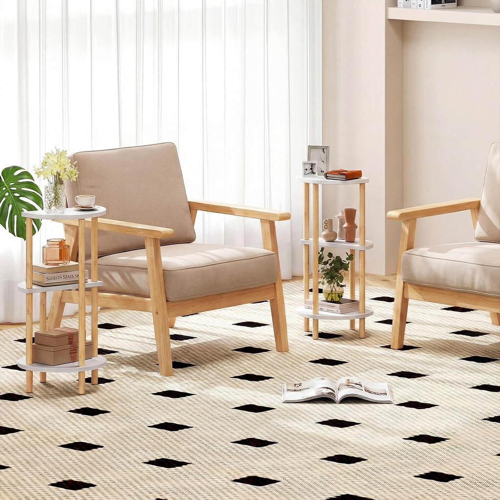Giantex Bamboo Round Side Table Set of 2, 3-Tier Circular End Tables with Storage Shelves, Small Plant Stand Indoor, Accent Sofa Bedside Table, Boho Corner Night Stand for Bedroom Living Room