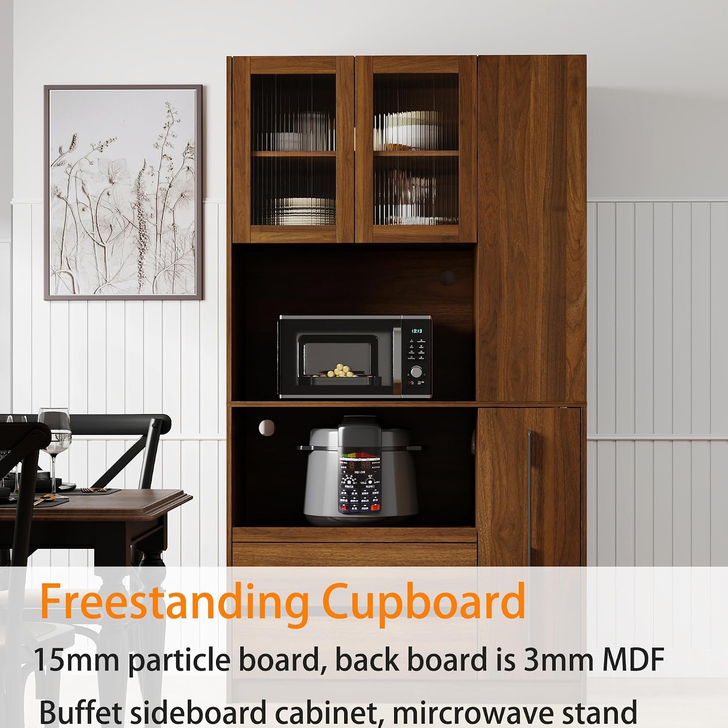 Farmhouse Kitchen Pantry Cabinet, 70.87" Tall Freestanding Cupboard with Multi-Tier Storage Rack and Microwave Stand for Kitchen, Dining Room, Walnut