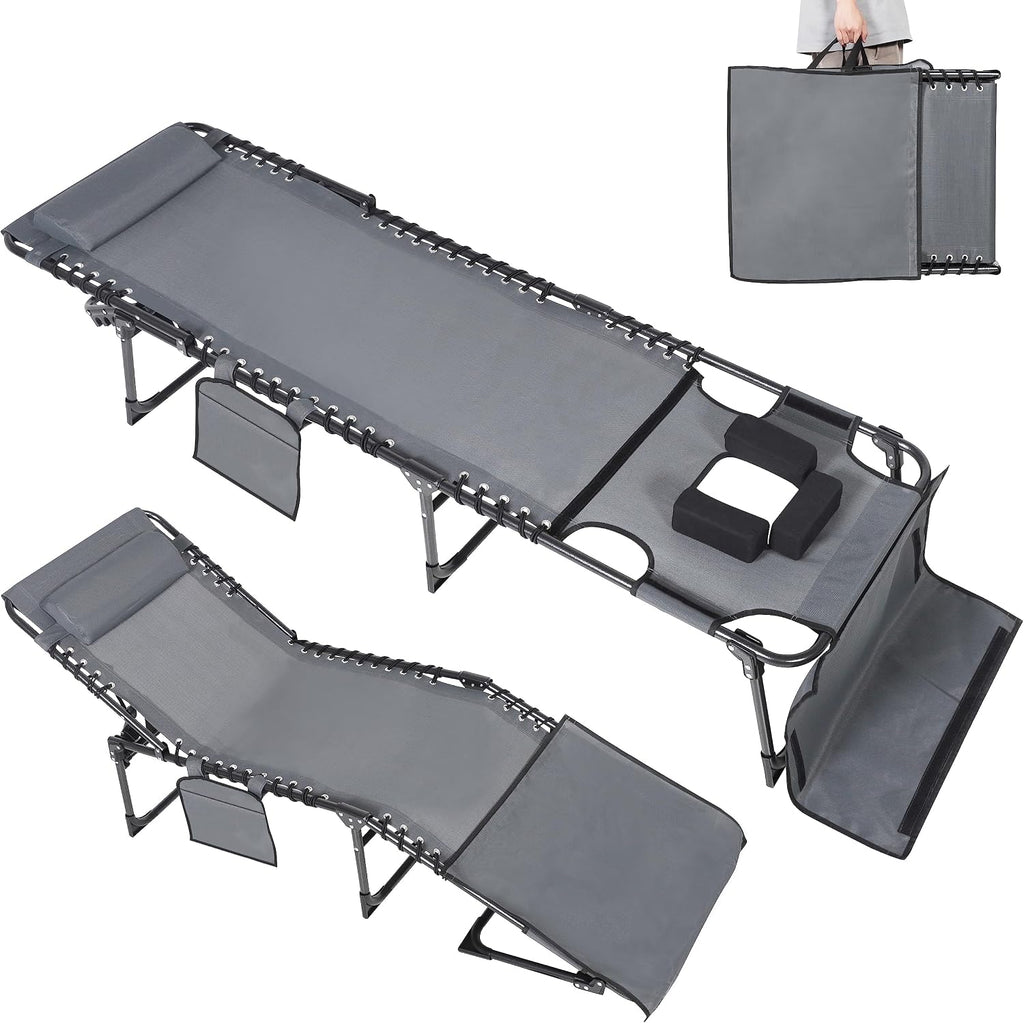 MUPATER Tanning Chair with Face Hole, Patio Chaise Lounge Chair with 5-Position Adjustable Backrest, Removable Pillow & Pocket, Folding Lounger Recliner for Beach, and Pool Sunbathing, Gray