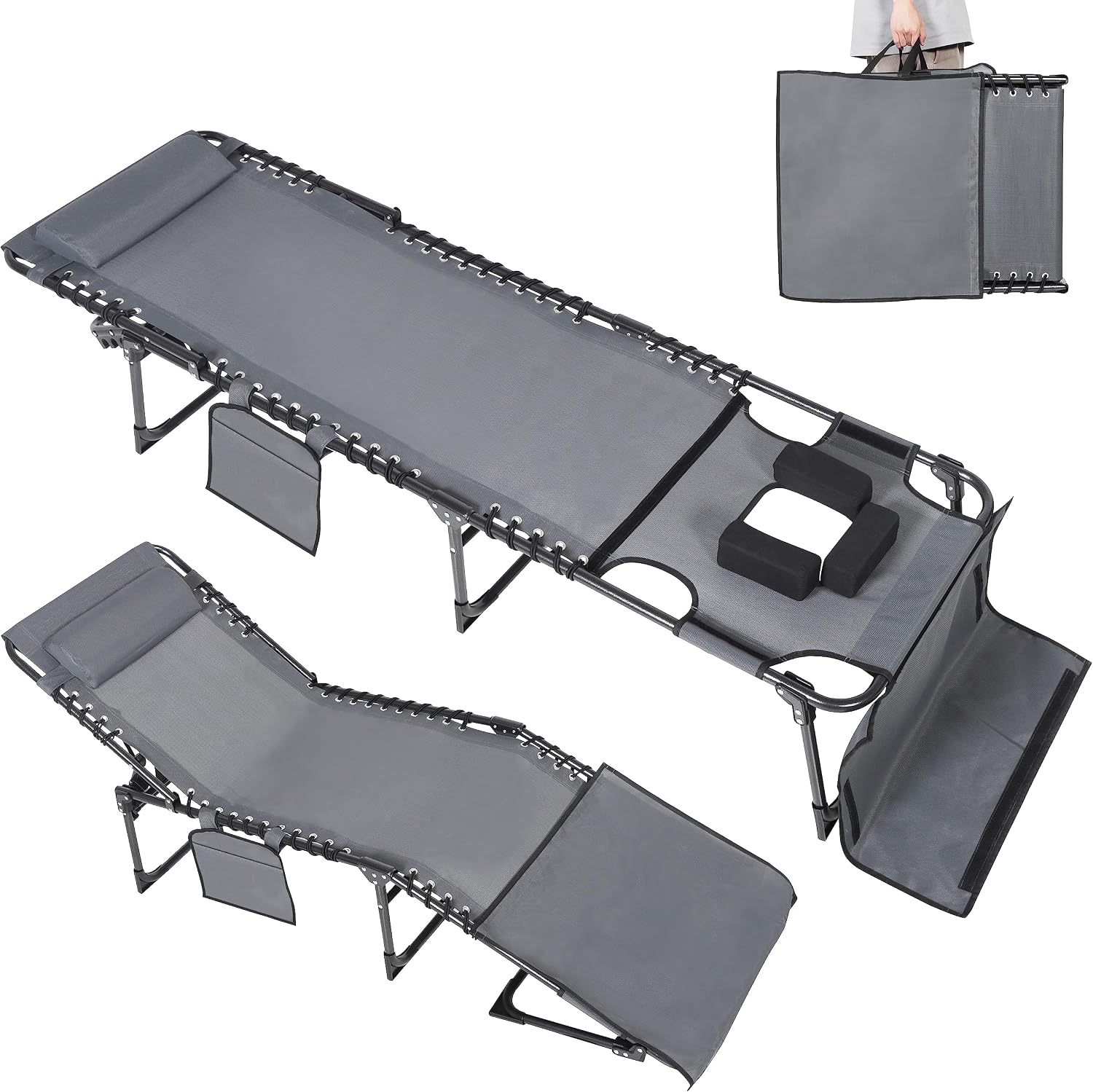 MUPATER Tanning Chair with Face Hole, Patio Chaise Lounge Chair with 5-Position Adjustable Backrest, Removable Pillow & Pocket, Folding Lounger Recliner for Beach, and Pool Sunbathing, Gray