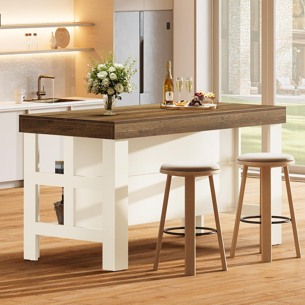 Tribesigns Kitchen Island with Storage Shelves, Farmhouse Wooden Stationary Island Table for Kitchen Dining Room