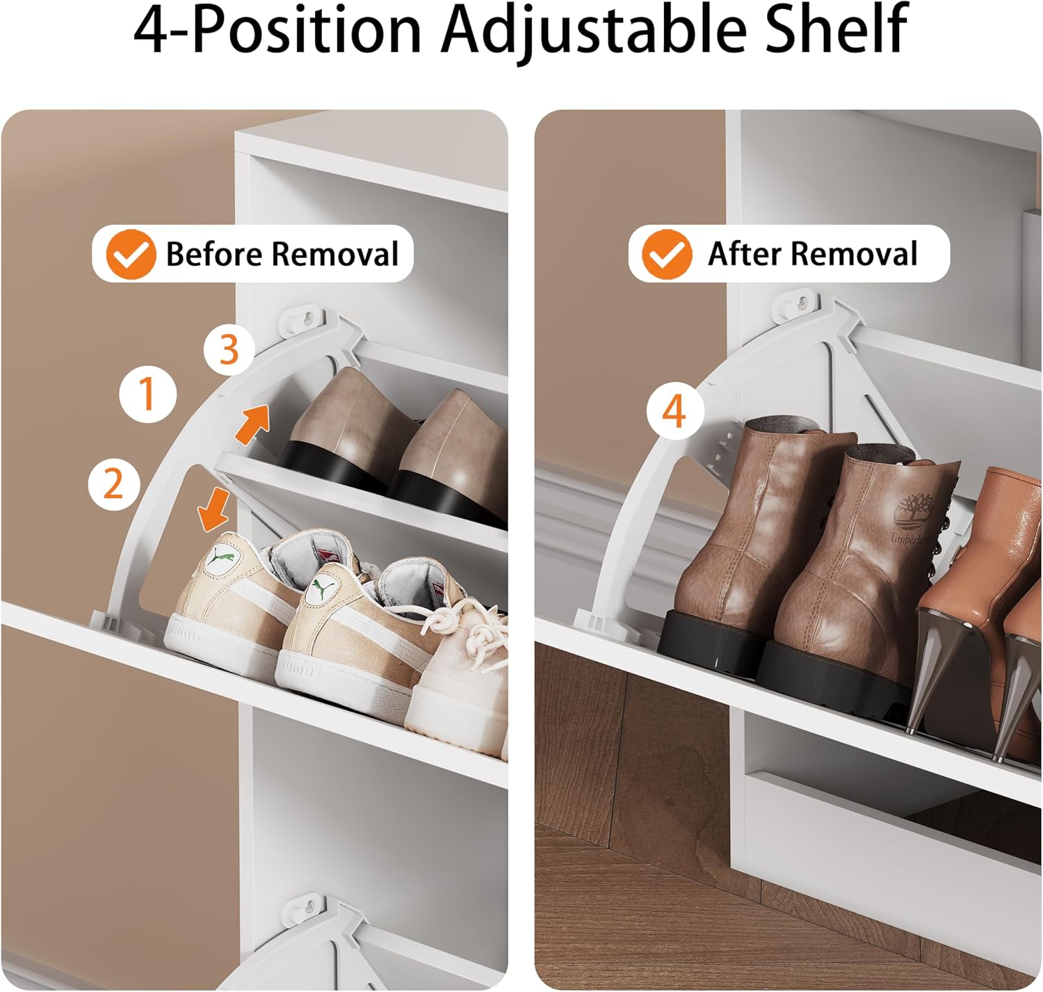 Shoe Storage Cabinet, Wood Shoe Organizer for Entryway with 3 Flip Drawers, Freestanding Shoe Rack with Adjustable Shelf, Narrow Shoe Dresser for Front Door Entrance (White, 4 Drawers)