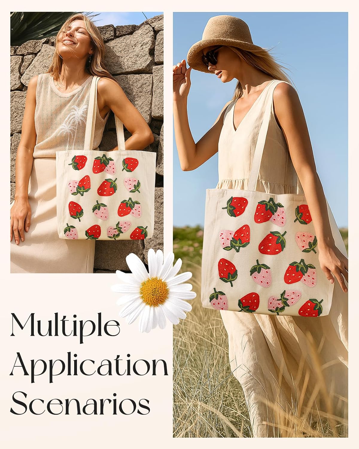 Miss Adola Embroidery Tote Bag with Pocket & Buckle - Reusable Canvas Tote for Women Cute Aesthetic Work Shopping Grocery Bag