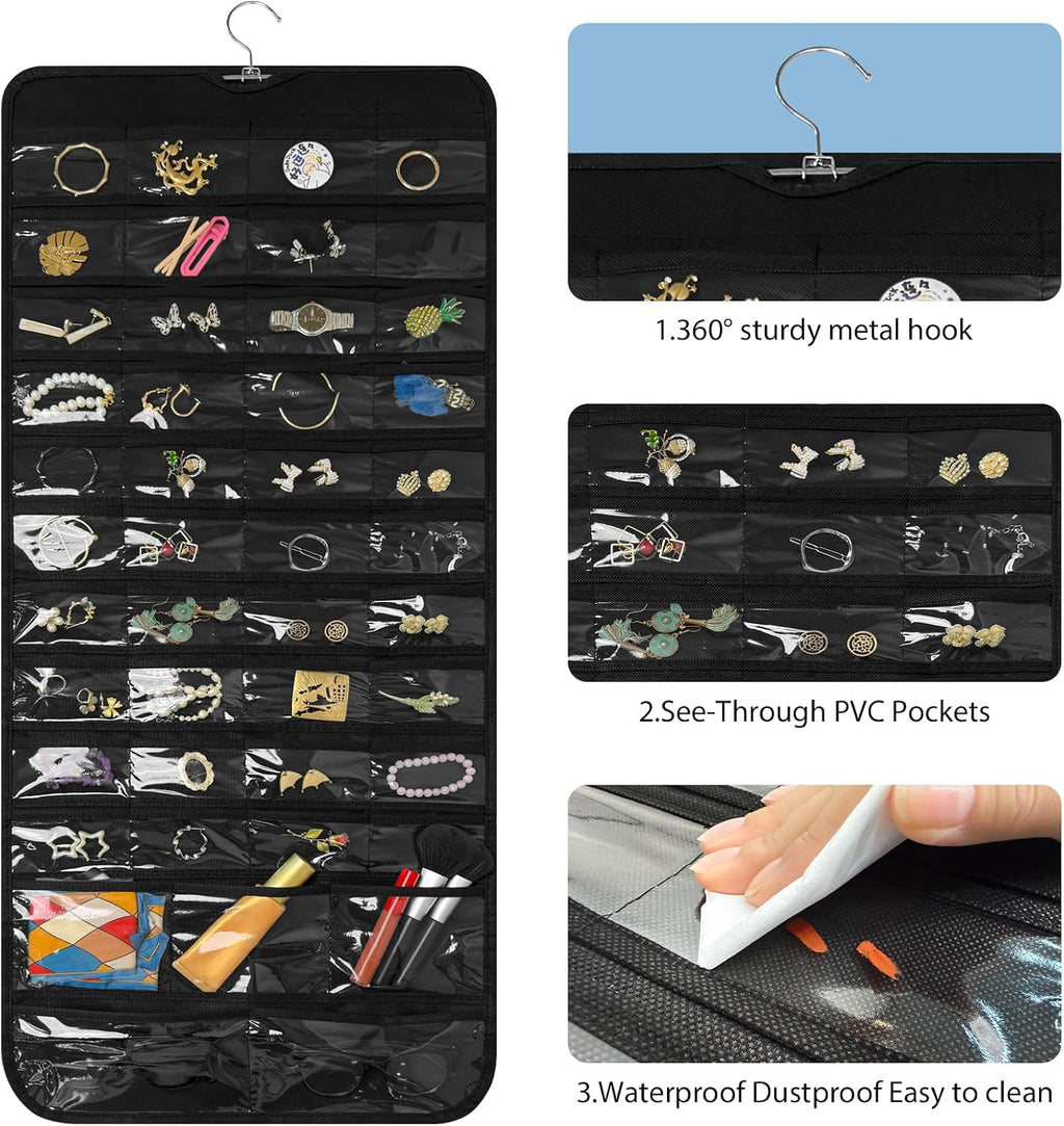 Bloss Black Hanging Jewelry Organizer With 90 Pockets for Closet, Earring Holder Organizer Storage, Over The Door Jewelry Organizer, Double-Sided Jewelry Holder for Earrings,Necklaces,Rings