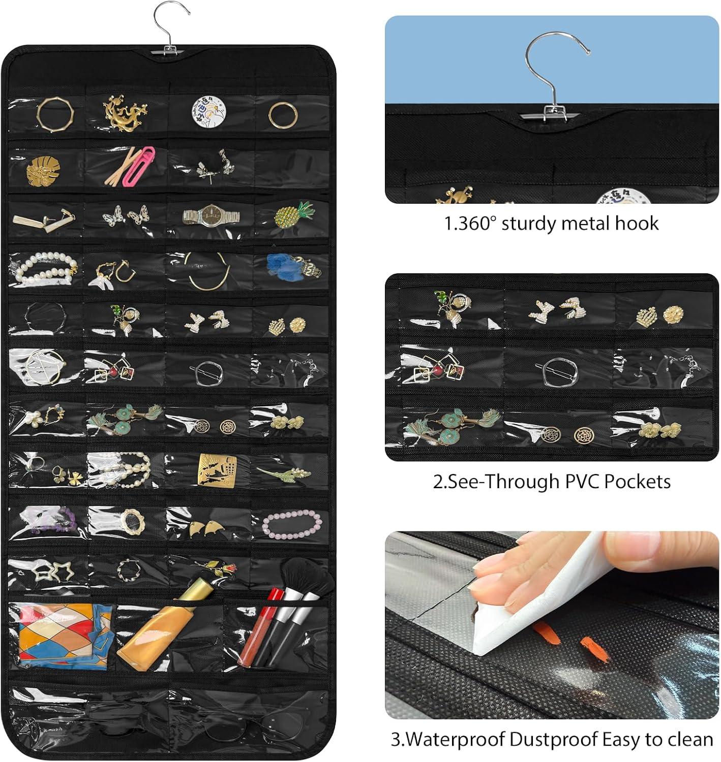 Bloss Black Hanging Jewelry Organizer With 90 Pockets for Closet, Earring Holder Organizer Storage, Over The Door Jewelry Organizer, Double-Sided Jewelry Holder for Earrings,Necklaces,Rings