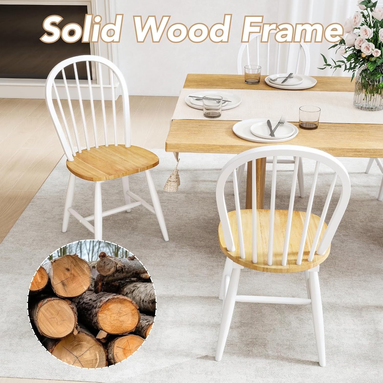 chairus White Windsor Dining Chairs Set of 2, Farmhouse Wooden Dining Room Chairs with Spindle Bow Back, Modern Cottage Oak Side Kitchen Chairs