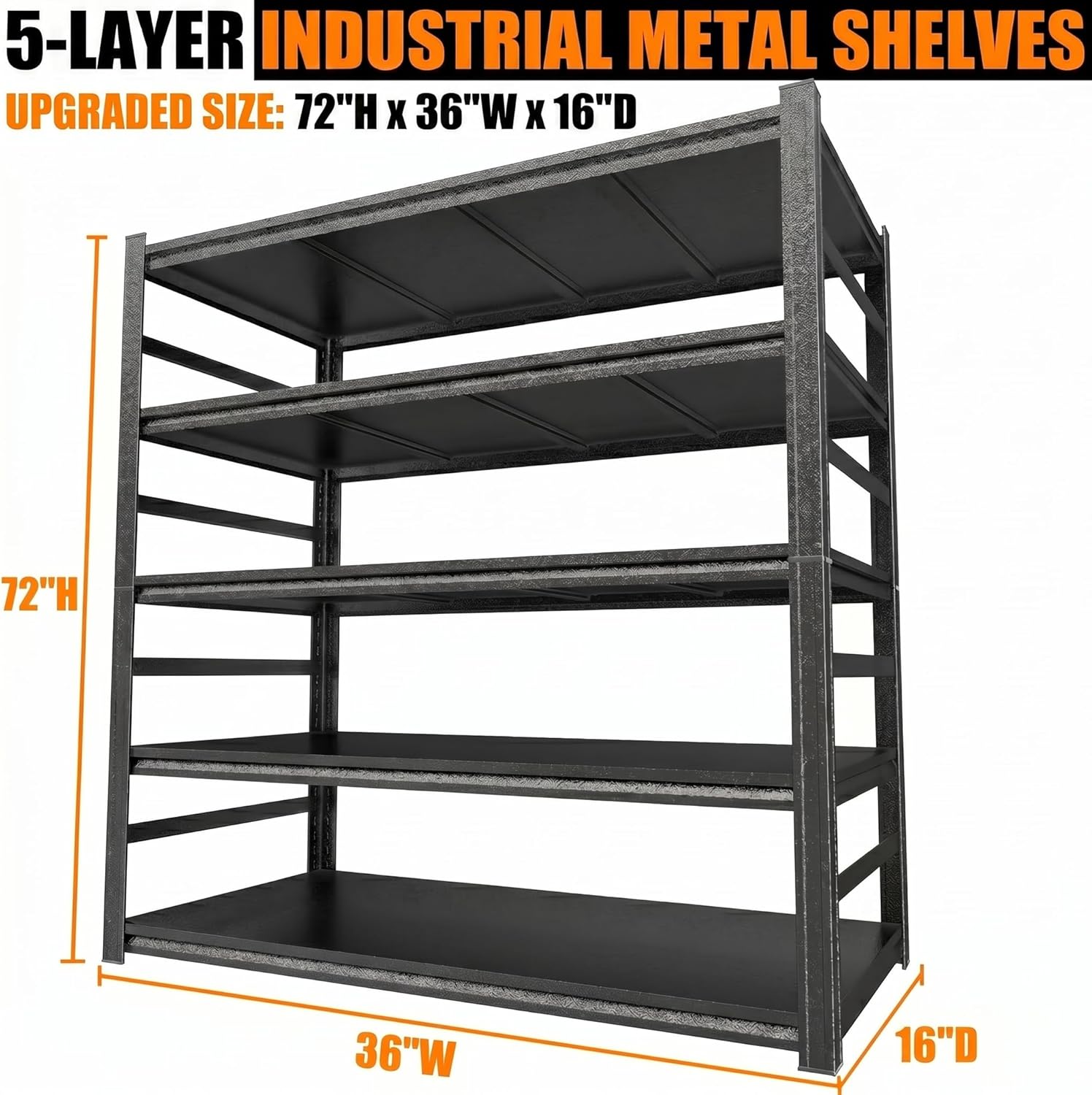 Upgrade 72" H Garage Shelving Unit, 3500LBS Heavy Duty 5-Tier Metal Storage Shelves with Anti-Fall Rails, Adjustable Industrial Steel Rack, Pantry Kitchen Basement Warehouse