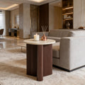 Merax Modern Round Side Table with Faux Marble Top & Brown Ribbed Base - Compact Round Coffee Table with Wooden Fluted Legs - 17.8" Accent End Table for Living Room & Bedroom, Brown
