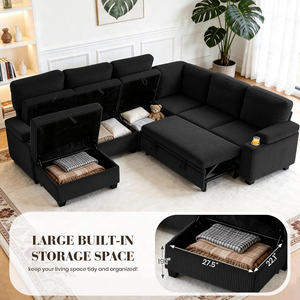 Modular Sectional Sofa Bed with Cup Holders, L-Shaped Pull Out Couch with Storage, Modern Corduroy Sleeper Sofa for Living Room(Black, 7 Seat)